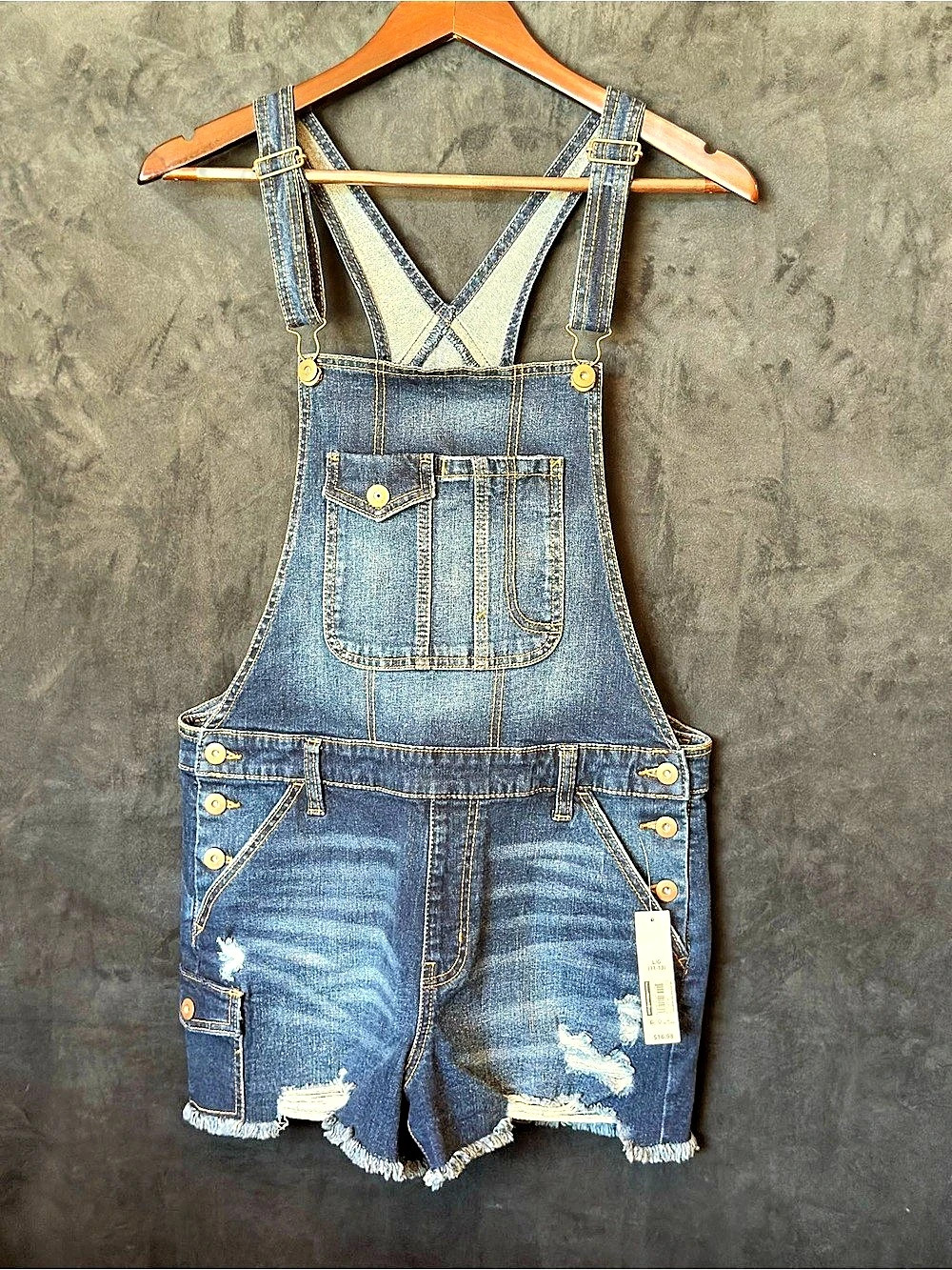 No Boundaries Girls Large Distressed Denim Short Overalls NWT